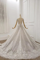 Cap Sleeves Sheer Neckline Beaded Formal Dresses with Detachable Train